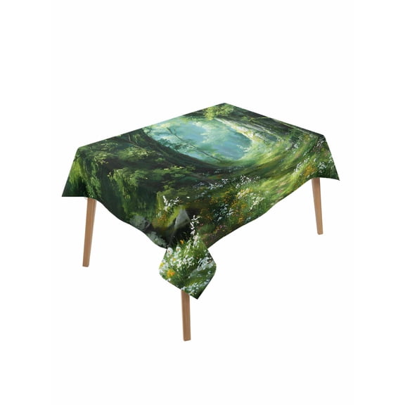 Forest Rectangle Tablecloth, Nature Green Tree Spring Scenic Woodland Waterproof & StainResistant Tablecloth, Washable Oil-proof Table Cover for Dining/Party/Wedding/Camping/Buffet 52x70 In