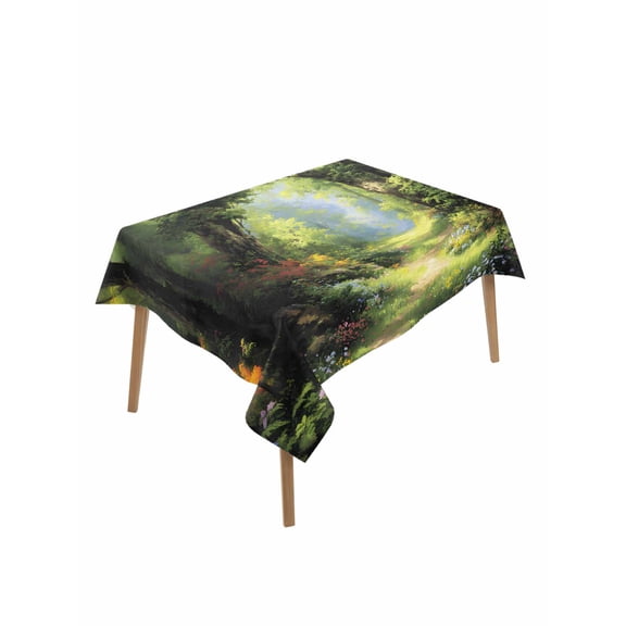 Forest Rectangle Tablecloth, Nature Woodland Spring Scenic Green Trees Flower Waterproof & StainResistant Tablecloth, Washable Oil-proof Table Cover for Dining/Party/Wedding/Camping/Buffet 52x70 In