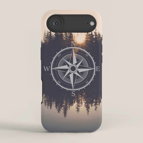 Forest Reflection and Compass Rose Tough Case for Apple iPhone Series, Polycarbonate and TPU
