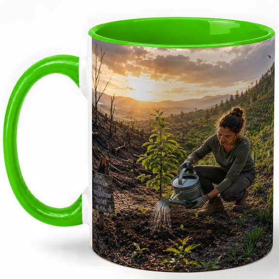 Forest Regeneration Coffee Mug, Tree Planting After Wildfire Design, 11 oz Ceramic Cup