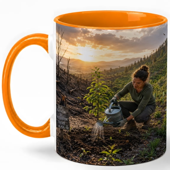 Forest Regeneration Coffee Mug, Tree Planting After Wildfire Design, 11 oz Ceramic Cup