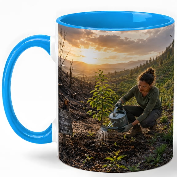 Forest Regeneration Coffee Mug, Tree Planting After Wildfire Design, 11 oz Ceramic Cup