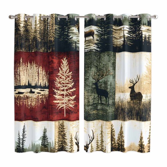 Forest Reindeer Kitchen Curtains 63 Inch Length, Country Rustic Green Red Patchwork Grommet Top Bedroom Living Room Curtains, Light Filtering Cafe Curtain Drapes 2 Panels Set 84''x63''