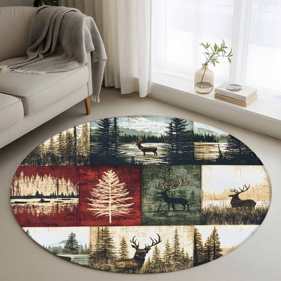 Forest Reindeer Round Area Rug 4 FT, Non Slip Indoor Outdoor Rug, Country Rustic Green Red Patchwork Washable Soft Circular Carpet Non-Shedding Floor Mat for Coffee Table Nursery Foyer Balcony