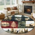 thumbnail image 1 of Forest Reindeer Round Area Rug 7 FT, Non Slip Living Room Area Carpet, Country Rustic Green Red Patchwork Washable Soft Circular Rug Non-Shedding Floor Carpet for Bedside Office Play Room Classroom, 1 of 9