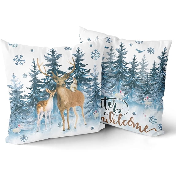 Forest Reindeer Snow Decorative Pillow Cover Set of 2, Winter Wonderland Pillowcase Soft Breathable Cushion Pillow Cases Watercolor Deer Blue Snowflakes Decoration for Sofa Bedroom Car 18 X 18 Inch