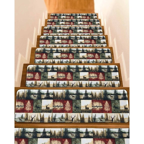 Forest Reindeer Stair Treads for Wooden Steps Indoor Runner Rug Carpet, Country Rustic Green Red Patchwork 7 Pieces Peel and Stick Staircase Step Treads Covers Washable Throw Door Mats, 30"x8"