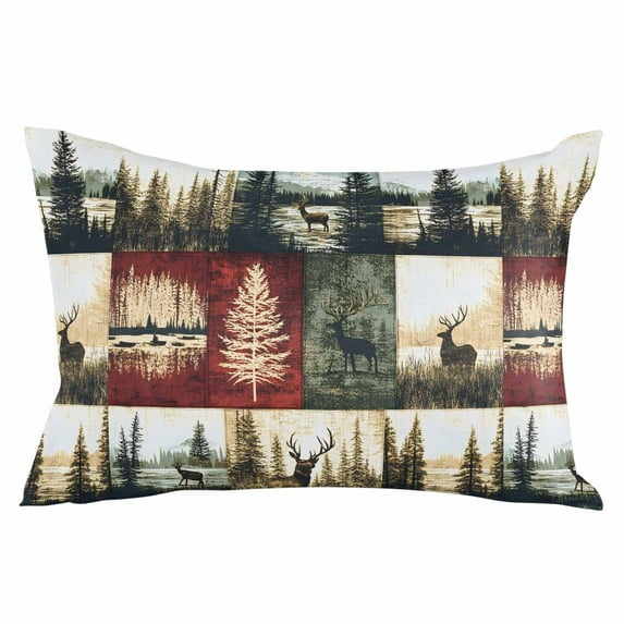 Forest Reindeer Throw Pillow Cover 20 x 30 Inch Decorative Pillow Cover Country Rustic Green Red Patchwork Lumbar Pillowcase Seasonal Rectangle Cushion Case for Couch Sofa Bed Living Room