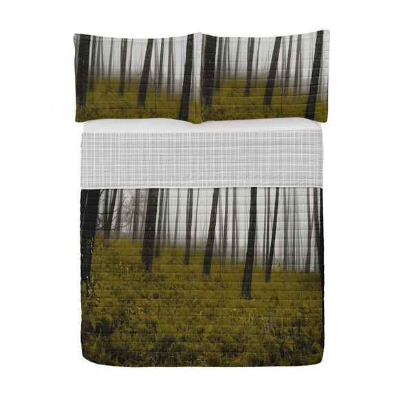 Forest Reversible Bedspread Set, Fantasy Woodland Under Heavy Fog Tall Trees Bushes Contrast Colors, Pillow Shams & Comforter Microfiber Bedding Set, 3 Sizes, Apple Green Dark Brown, by Ambesonne