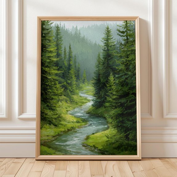 Forest River Green Nature Woodland Landscape Porch Decoration, Unframed Canvas 8x10in