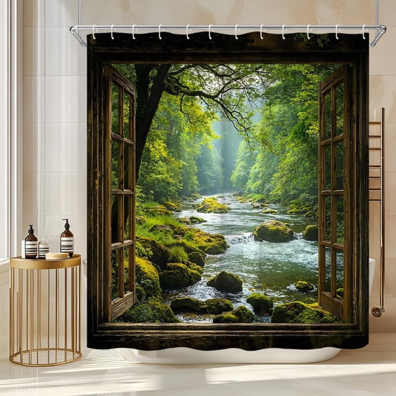 Forest River Scenic Shower Curtain, Mossy Rocks, Green Trees and Nature Window View, Rustic Landscape Bathroom Decor 36"W x 72"H