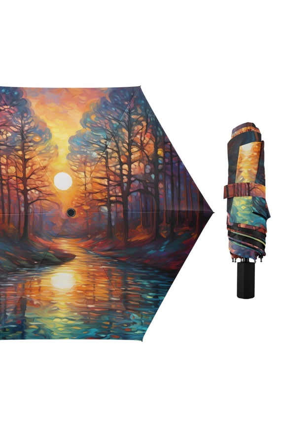Forest River Sunset Compact Sun Umbrella Windproof Travel Umbrellas for Rain Strong Portable UV Protection