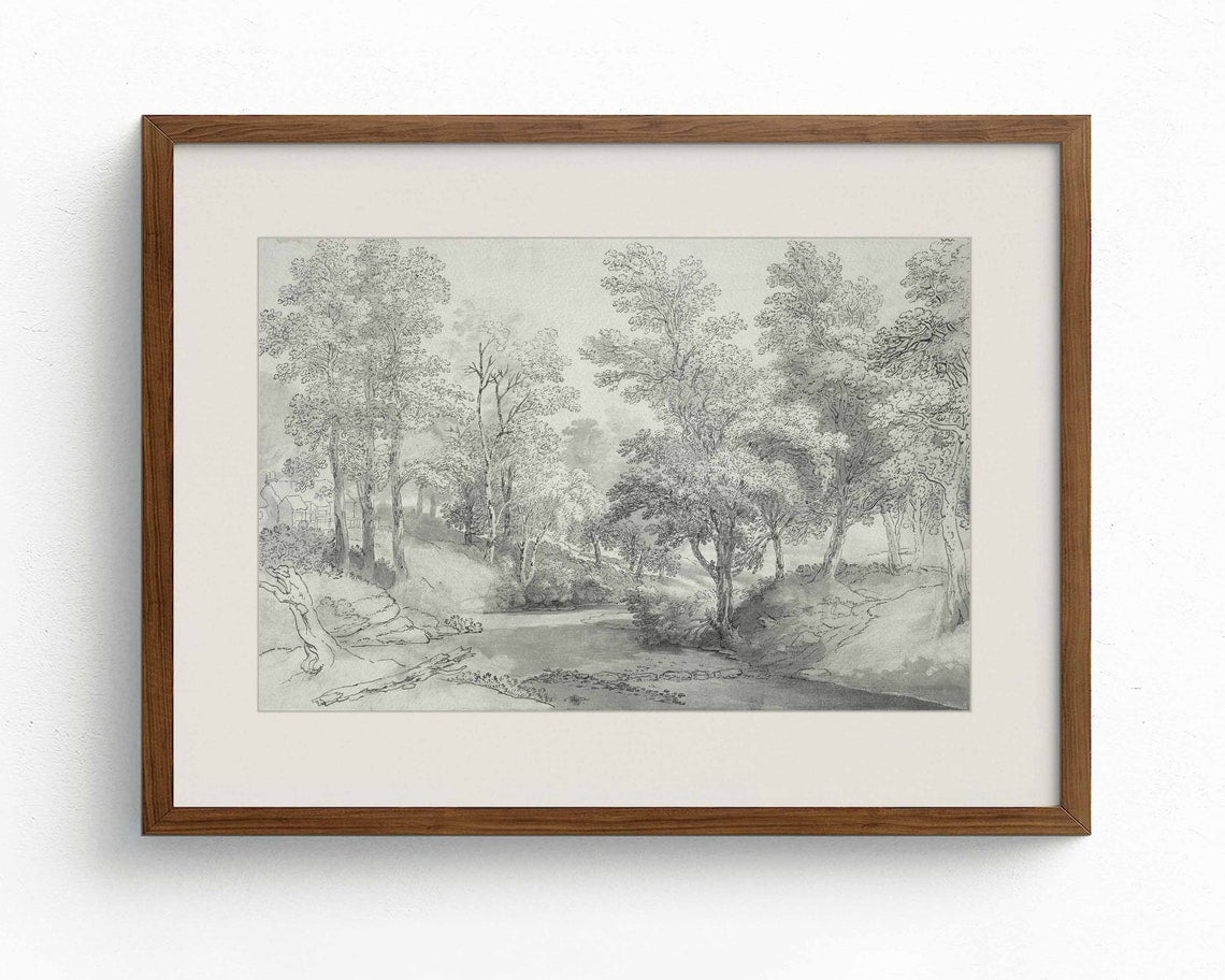 Forest River Vintage Sketch Nature Landscape Drawing Wall Art, Gray ...