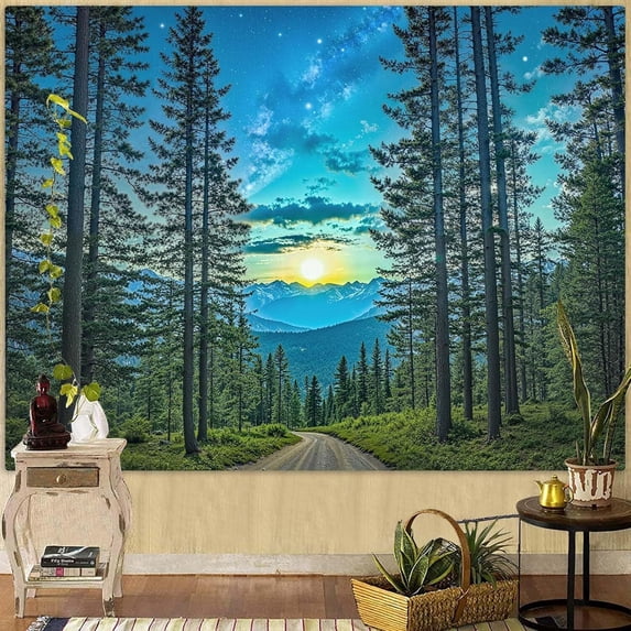 Forest Road Tapestry Green Nature Pine Tree Wall Tapestry for Bedroom Aesthetic Starry Mountain Outdoor Landscape Small Tapestries Wall Hanging for Dorm Living Room Decor 60 x 80 Inch