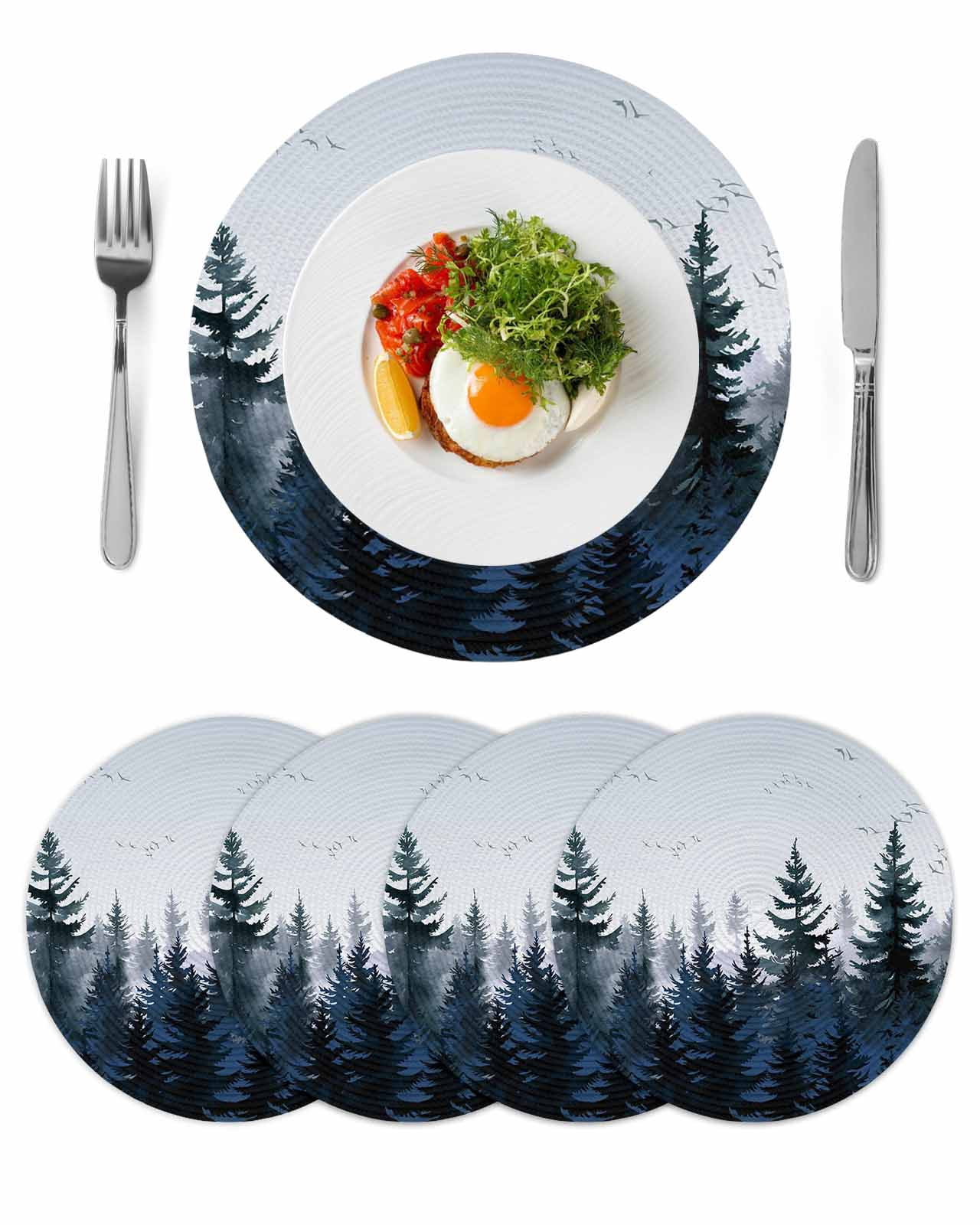 Forest Round 13 Inch Placemats Set of 4, Dark Blue Fall Bird Vintage ...