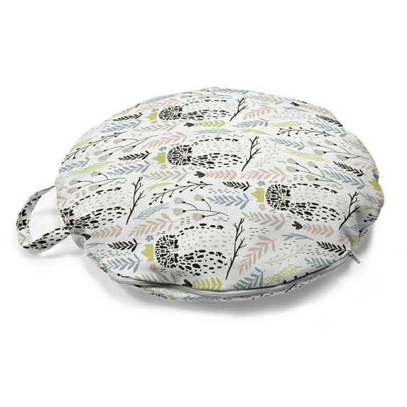 Forest Round Floor Cushion with Handle, Floral Branches Plants Leaf Herbs Wild Blooms Owl Motifs Pastel, Decorative Pillow for Living Room & Dorms, 18" Round, Rose Lime Green Grey, by Ambesonne