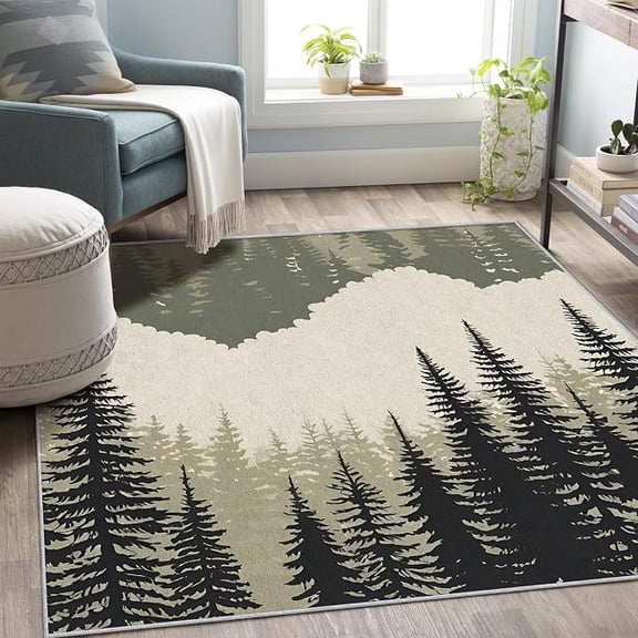 Forest Rug, Washable Pine Tree Rugs for Living Room Bedroom, Rustic Country Style Area Rug for Home Decor, Non Slip Backing Floor Carpet with Gripper 5 x 8ft