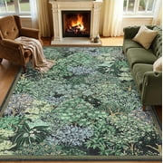 Forest Rugs 8x10, Blue Green Washable 8x10 Area Rug for Living Room, Botanical Low Pile Non Slip Stain Resistance Large Carpet for Office Dining Room, Farmhouse