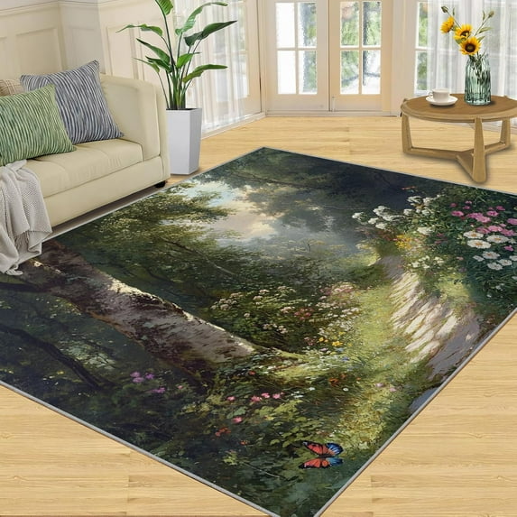 Forest Rugs for Bedroom - Creek Rug, Washable Rug, Landscape Carpet for Living Room, Colorful Flowers Area Rugs, Trees Carpet, Scenery Home Decor & Gifts 5x6ft