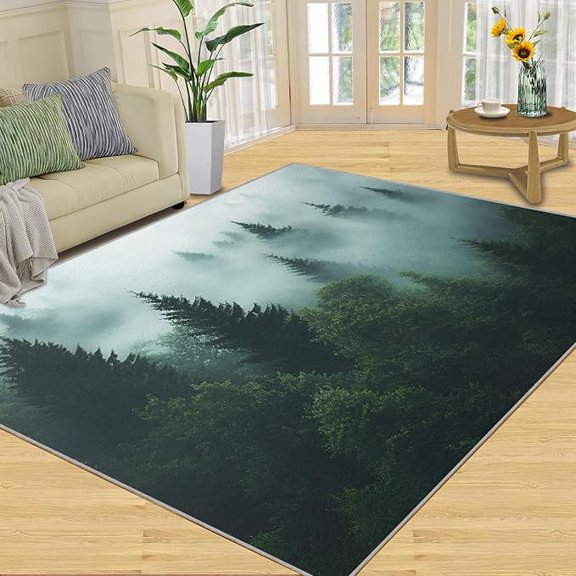 Forest Rugs for Bedroom, Misty Pine Forest Area Rug, Pine Tree Rugs for Living Room, Indoor Non-Slip Rug, Machine Washable Carpet for Front Entrance Floor Decor 4 x 6ft