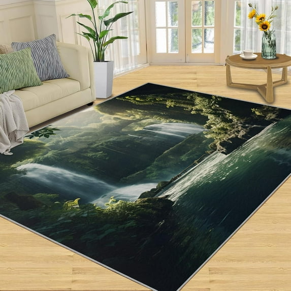 Forest Rugs for Bedroom - Waterfall Rug, Bathroom Rug, Landscape Carpet for Living Room, Greenery Area Rugs, Waterfall Carpet, Water Flow Home Decor & Gifts 5x7ft