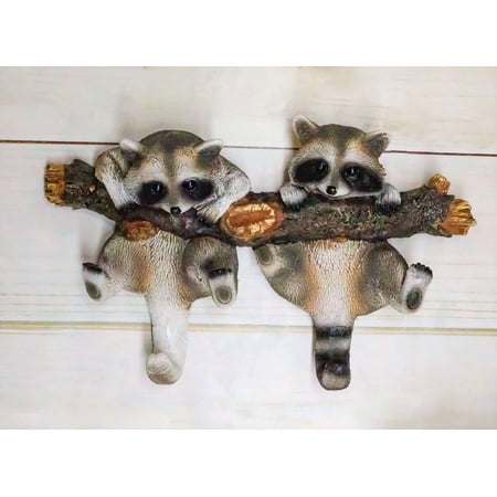 Forest Rustic 2 Playful Raccoons Dangling On Tree Branch 6 Pegs Wall Hook Decor