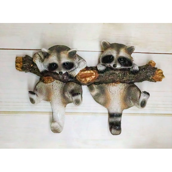 Forest Rustic 2 Playful Raccoons Dangling On Tree Branch 6 Pegs Wall Hook Decor