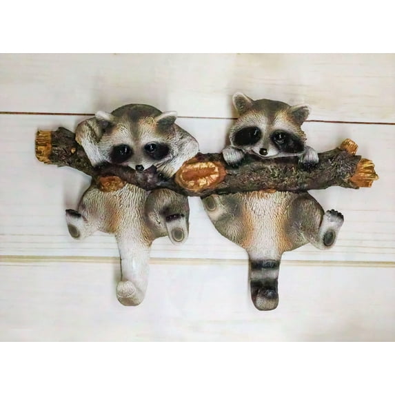 Forest Rustic 2 Playful Raccoons Dangling On Tree Branch 6 Pegs Wall Hook Decor
