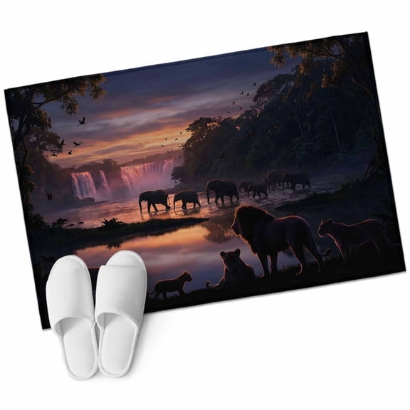 Forest Scenery Bathroom Rug Washable 2x3 Entryway Rug Non Slip Lions Elephants Sunset Natural View Front Door Mat Low Pile Indoor Doormat Throw Floor Carpet for Kitchen Bedroom Entrance