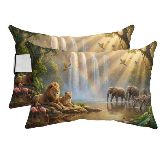 Forest Scenery Outdoor Pillows for Chaise Lounge Chair Beach Headrest Pillow Set of 2 Waterproof Lumbar Pillows with Insert&Strap Lions Elephants Birds Tree Flowers Leaves Pool Pillow 12"x20"