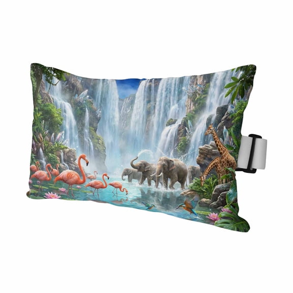 Forest Scenery Outdoor Pillows for Chaise Lounge Chair Waterproof Lumbar Pillows with Insert&Adjustable Elastic Strap Beach Headrest Pillow Elephants Flamingos Giraffes Waterfall Pool Pillow 12"x20"