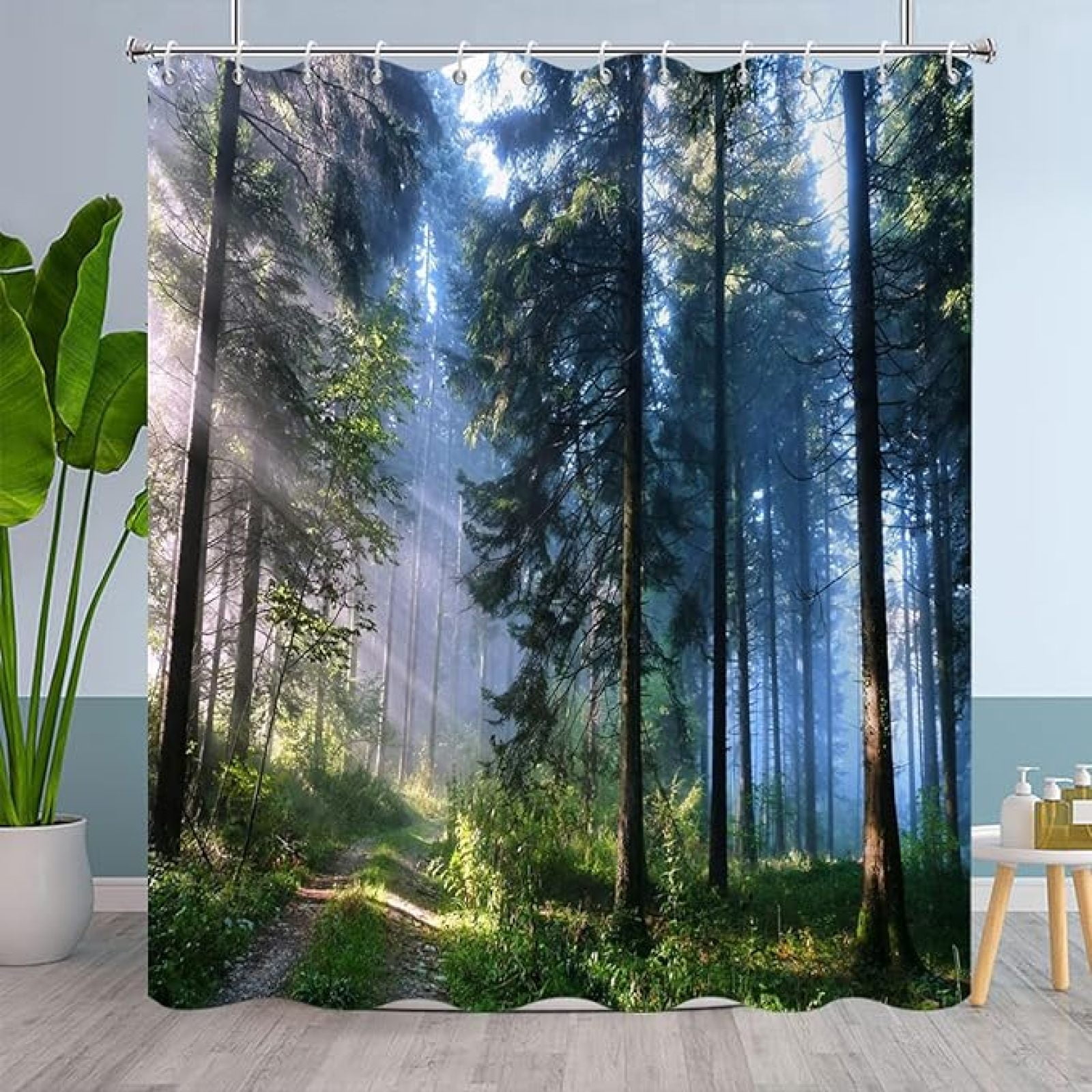 Forest Waterfall Shower Curtain – 70x70 Inch Tropical Jungle Landscape, Green Polyester With Hooks