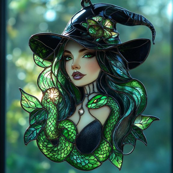 Forest Serpent Witch Acrylic Window Hanging Faux Stained Glass Suncatcher  Green Hair Witchcraft Decor Halloween Gift For Wiccan Home