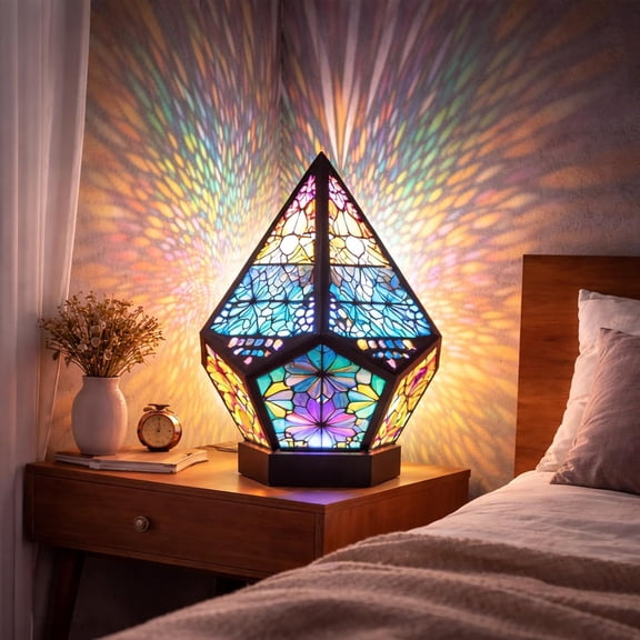 Forest Shadow Mosaic Prism Projection Lamp, Stained Glass Geometric Ambient Light, Bedroom Living Room Bedside Table Decor