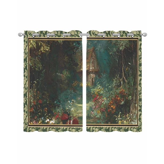 Forest Sheer Curtains 39 Inch Length 2 Panels Set for Living Room/Bedroom, Spring Oil Painting Country Cabin Trees Flower Kitchen Curtains Grommet Semi-Sheer Curtains Window Treatments 27.5"x39"x2