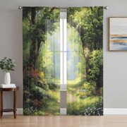 Forest Sheer Curtains 63 Inch Length 2 Panels Set for Living Room/Bedroom, Nature Woodland Spring Scenic Green Trees Flower Semi Curtain Sheers Drapes Rod Pocket Curtains Window Treatment 52x63x2