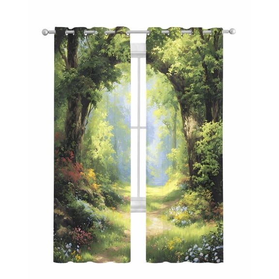 Forest Sheer Curtains 84 Inch Length 2 Panels Set for Living Room/Bedroom, Nature Woodland Spring Scenic Green Trees Flower Kitchen Curtains Grommet Semi-Sheer Curtains Window Treatments 52"x84"x2