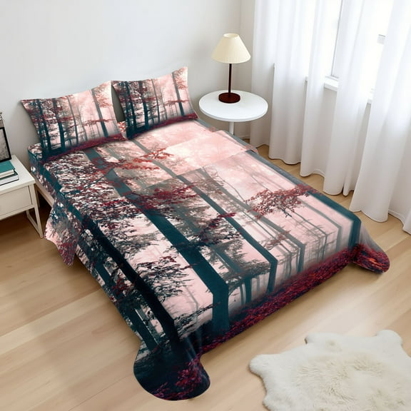 Ambesonne Forest Fitted & Top Sheet Set with Shams, Autumn Fall Nature Woods, Brown Grey and Red