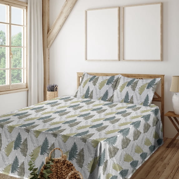 Forest Sheet Set, Botanical Minimalist Drawing Tree Leaves on Plain Background Print, Fitted & Flat Sheet with Pillowcase Bedding Accent 3 Pcs Set, Twin, Khaki White and Hunter Green, by Ambesonne
