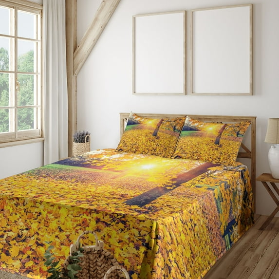 Forest Sheet Set, Colorful Foliage in the Autumn Park Evening View Natural Inspired Picture Print, Fitted and Flat Sheet with Pillowcases Bedding Accent 4 Piece Set, Full, Yellow Green, by Ambesonne