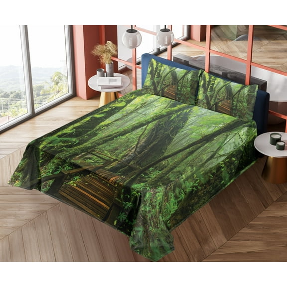 Ambesonne Forest Fitted & Top Sheet Set with Shams, Entrance to Wilderness, Green Brown