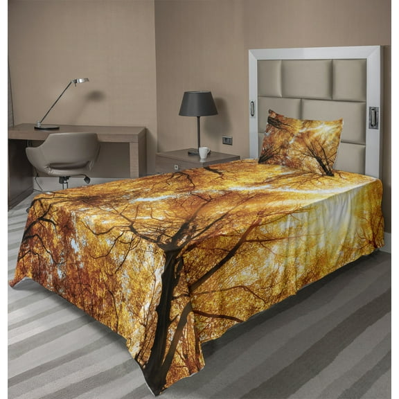 Forest Sheet Set, Fall Autumn Season Sun Beaming Through the Trees Freshening Picture, Fitted and Flat Sheet with Pillowcase Bedding Accent 3 Piece Set, Twin, Orange Yellow Dark Brown, by Ambesonne