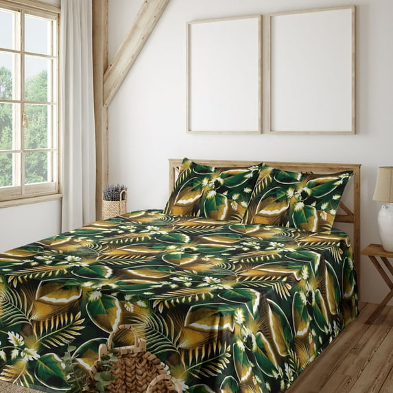 Ambesonne Forest Fitted & Flat Sheet with Shams 4 Pcs Set, Fantasy Jungle Floral Leaves, Full, Amber Forest Green and Fawn