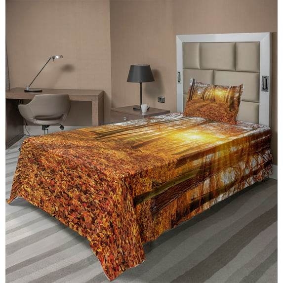 Ambesonne Nature Fitted & Top Sheet Set with Sham, Foggy Sunset Sunbeams, Orange Brown Yellow