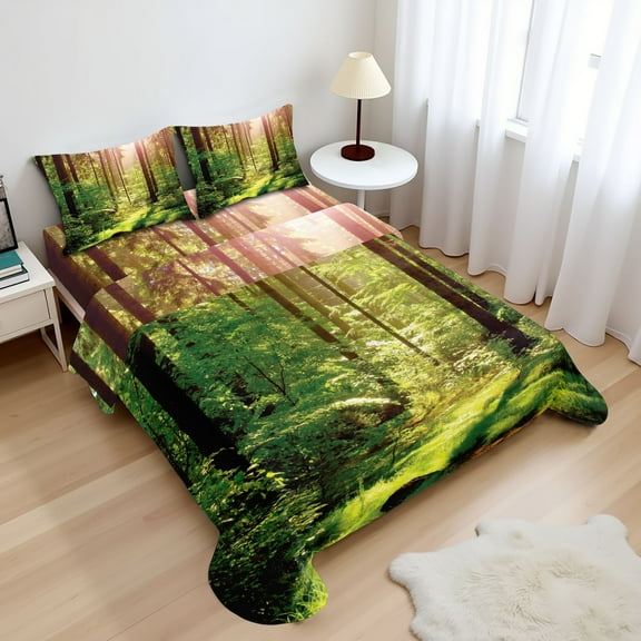 Ambesonne Forest Fitted & Top Sheet Set with Shams, Sunset Moss Woods Trees, Green Brown