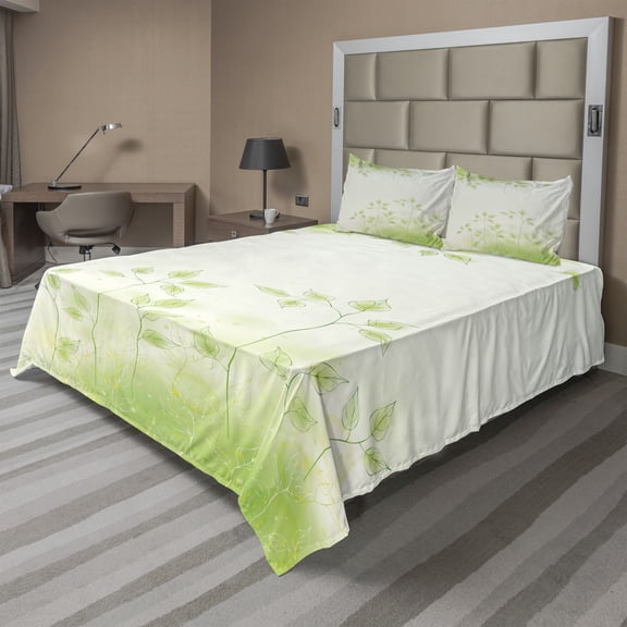 Ambesonne Green Fitted & Top Sheet Set with Shams, Fresh Leaves Botanic Eco, Soft Green