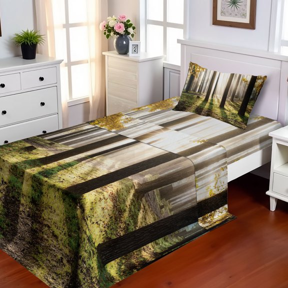 Ambesonne Nature Fitted & Top Sheet Set with Sham, Forest Leaves at Sunrise, Yellow Green Brown