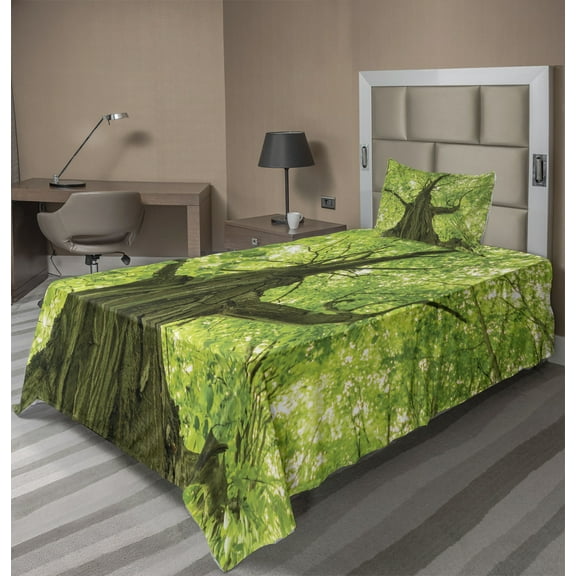 Forest Sheet Set, Old Big Majestic Tree Environment Countryside Eco Solidarity National Park Scenery, Fitted and Flat Sheet Pillowcase Bedding Accent 3 Piece Set, Twin XL, Green Brown, by Ambesonne