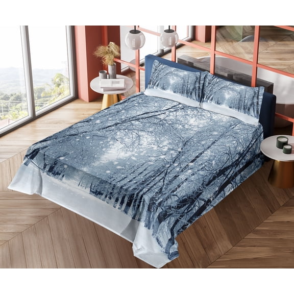 Ambesonne Winter Fitted & Top Sheet Set with Shams, Wildlife Snowy Trees, White Black and Grey