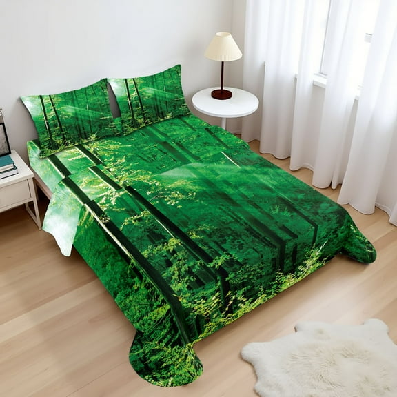 Ambesonne Farmhouse Fitted & Top Sheet Set with Shams, Forest Trees Morning, Green White